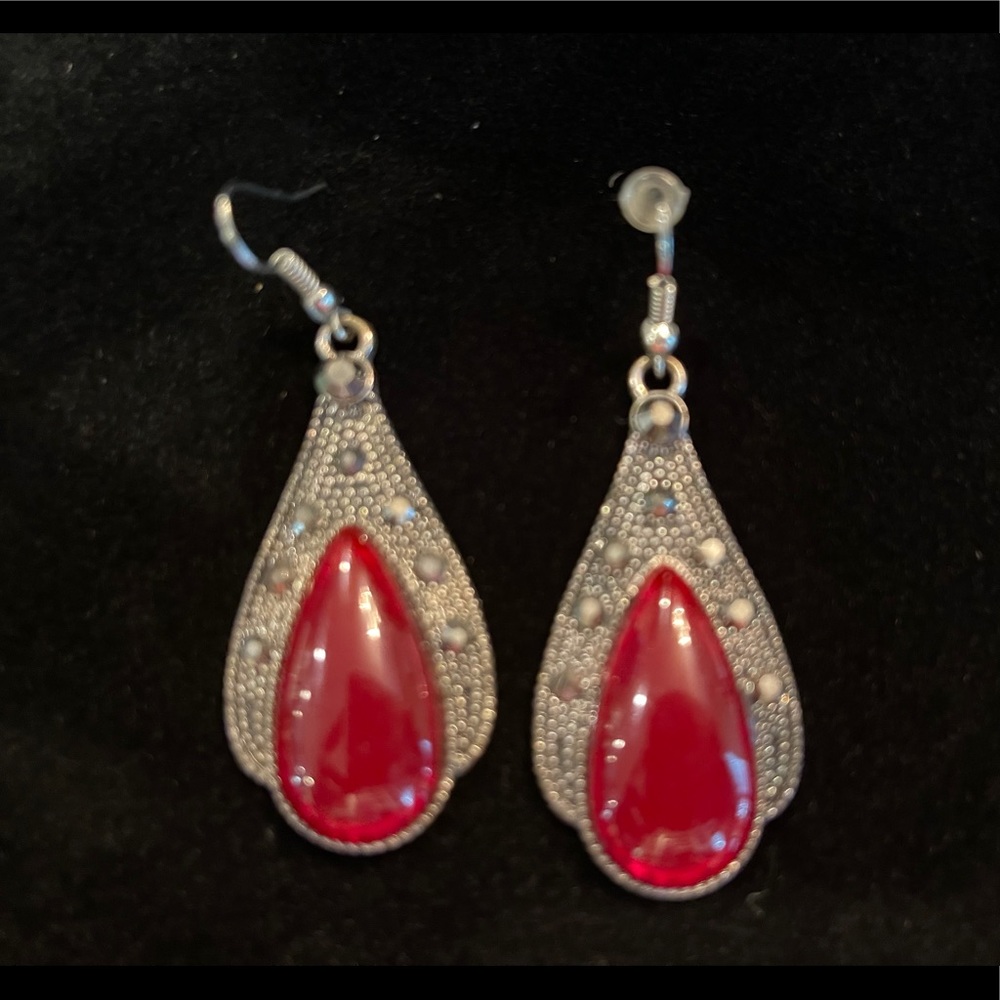 Red teardrop and filigree earrings